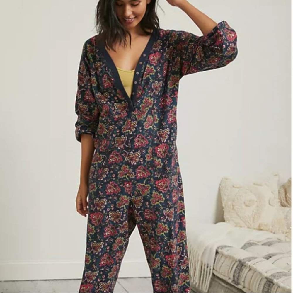 Anthropologie Fireside Flannel Jumpsuit in Navy Paisley Print